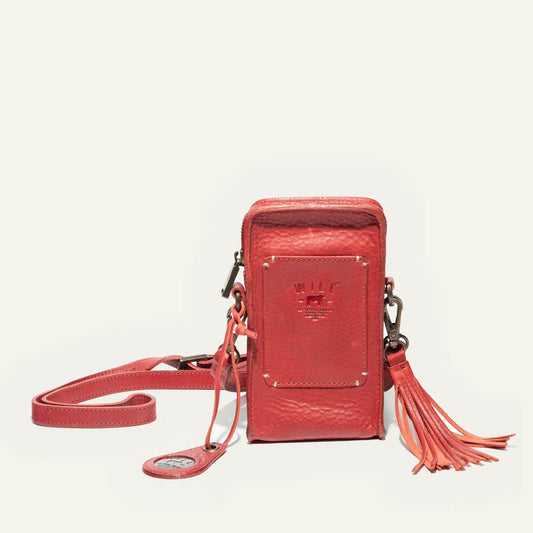Will Leather Goods Signature Zip Phone Crossbody Bag in red with tassel and adjustable strap on Tampa Home & Garden Store