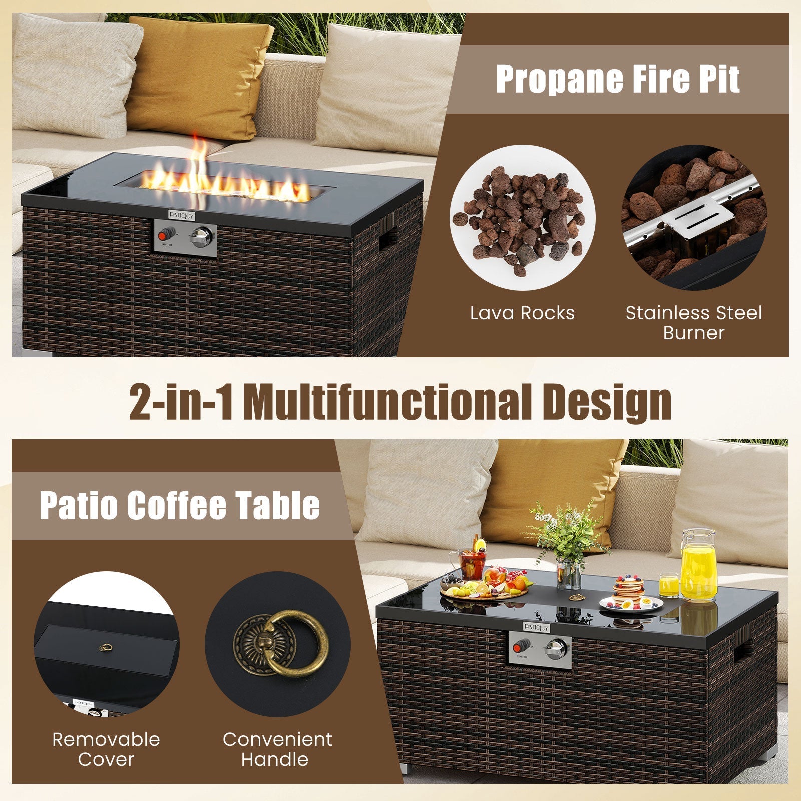 2-Piece Outdoor Rattan Fire Table Set with 32-Inch gas fire pit and tank cover by LJGDeals on Tampa Home & Garden Store