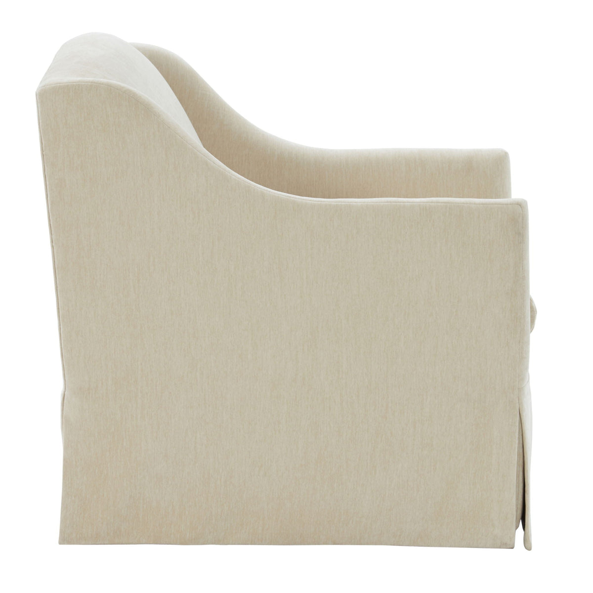 Skirted swivel accent chair in beige fabric with curved arms and 360° swivel base on Tampa Home & Garden Store