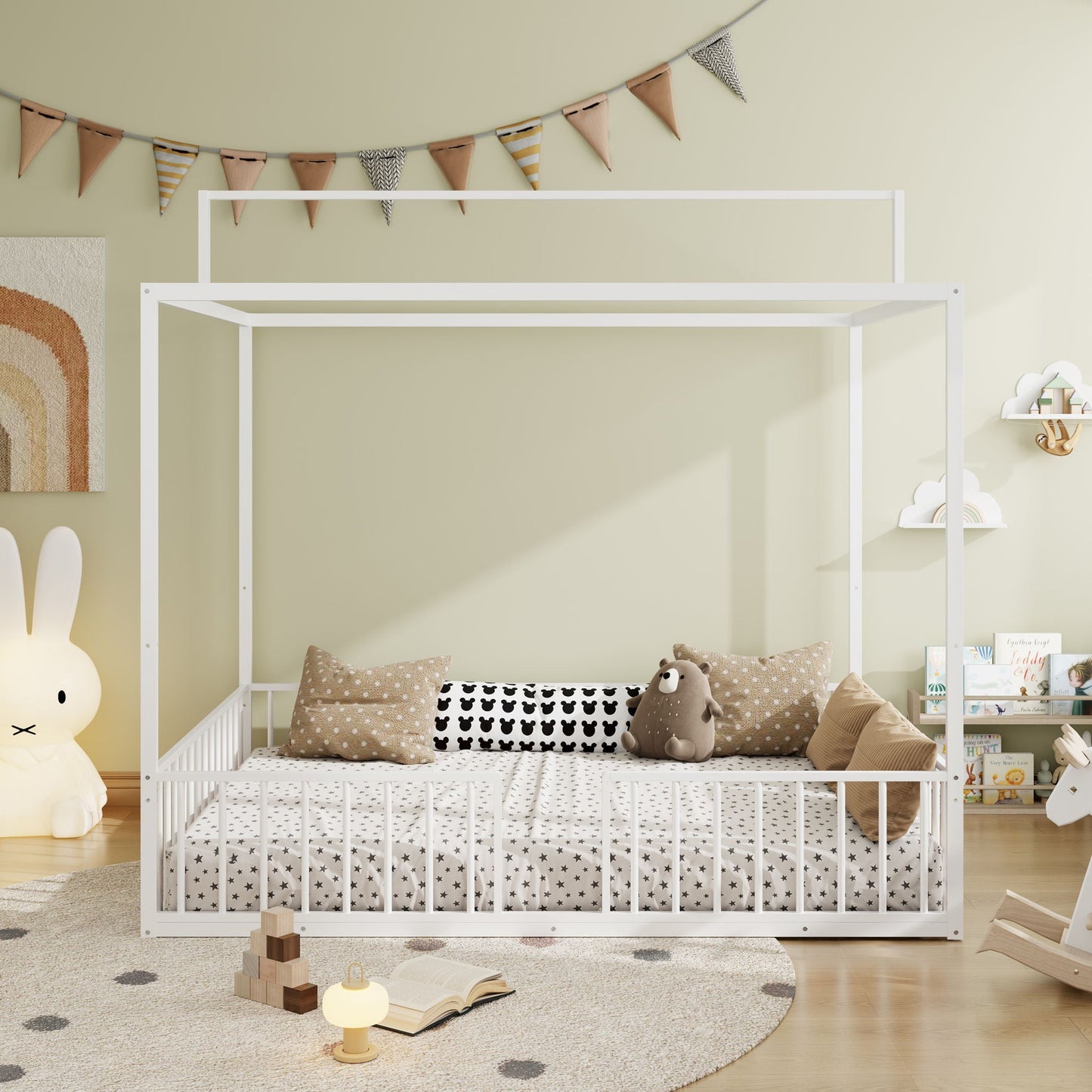 3-in-1 Convertible Montessori Floor Bed With Fenced Support canopy bed white HouseOfZazla on Tampa Home & Garden Store