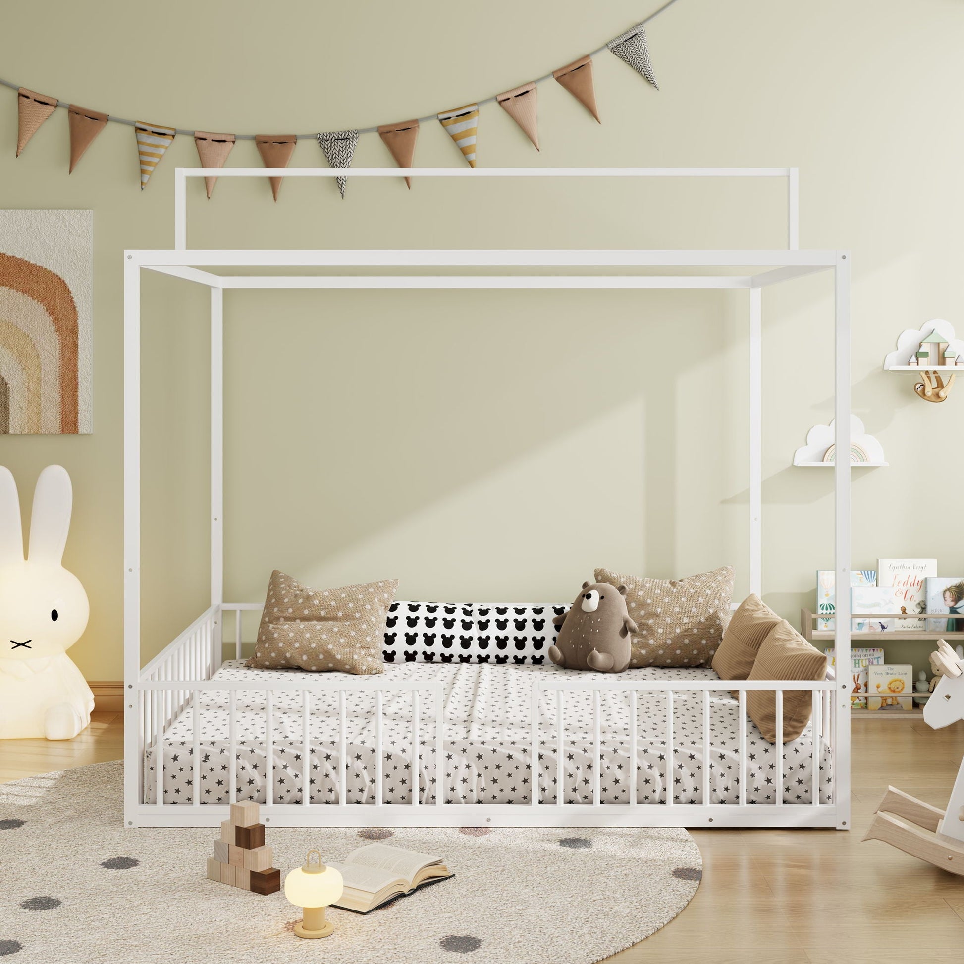3-in-1 Convertible Montessori Floor Bed With Fenced Support canopy bed white HouseOfZazla on Tampa Home & Garden Store