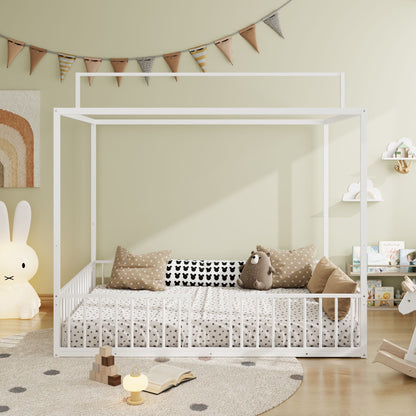 3-in-1 Convertible Montessori Floor Bed With Fenced Support canopy bed white HouseOfZazla on Tampa Home & Garden Store