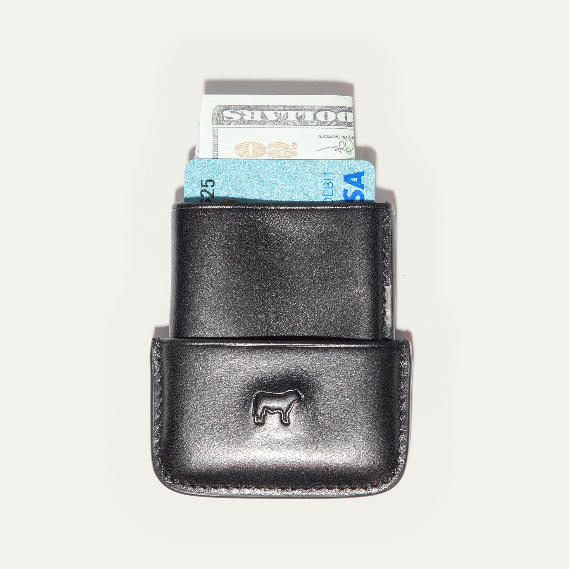 Molded Card Case by Will Leather Goods; black leather with blue card and cash on Tampa Home & Garden Store