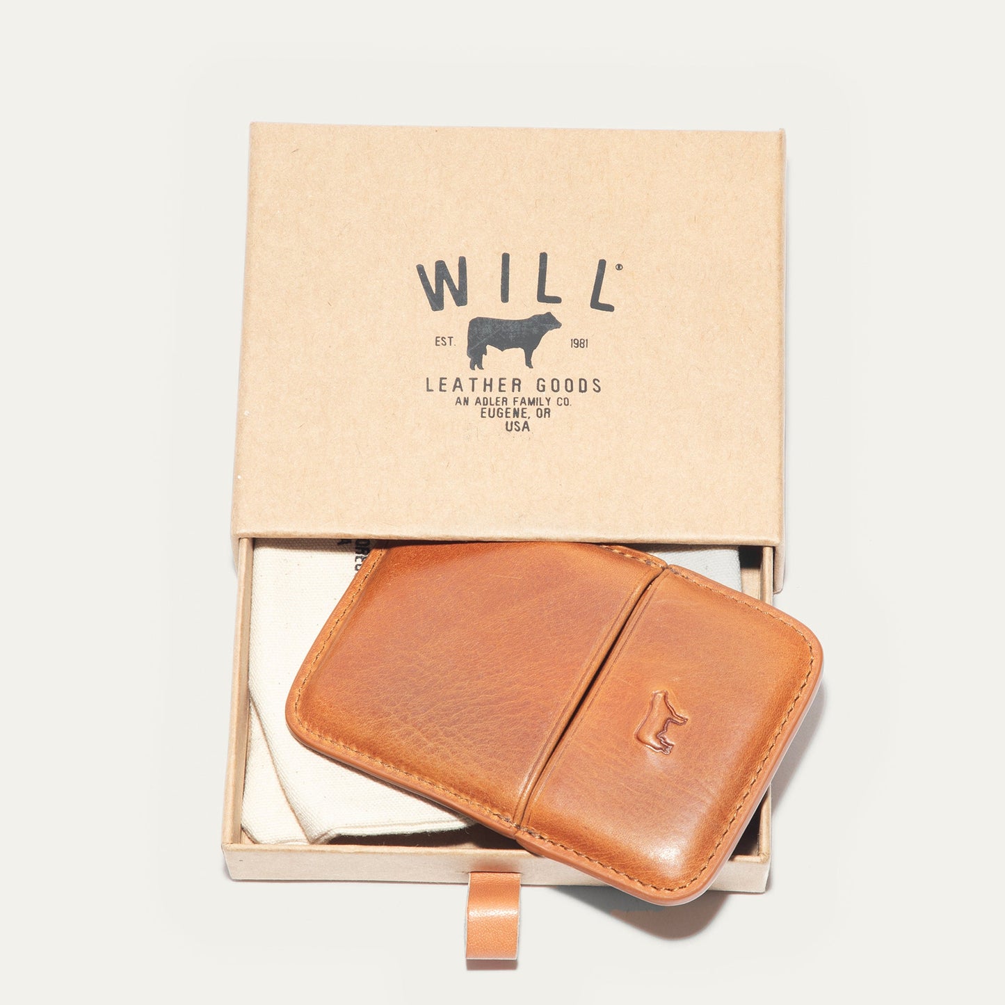 Molded card case tan leather by Will Leather Goods in its box on Tampa Home & Garden Store