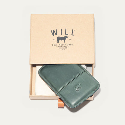 Molded card case by Will Leather Goods in dark teal green leather with contrast stitching on Tampa Home & Garden Store
