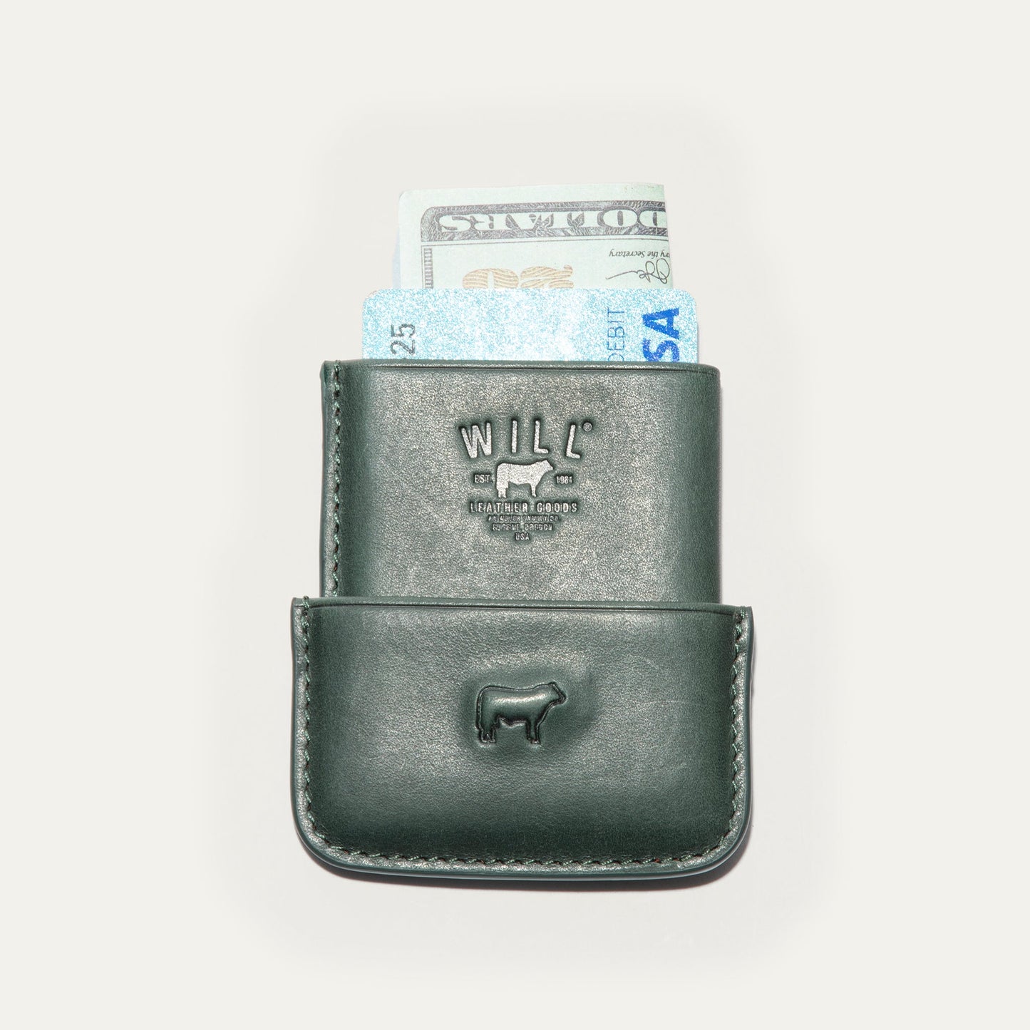 Molded Card Case Will Leather Goods dark green leather with a blue card and cash visible on Tampa Home & Garden Store