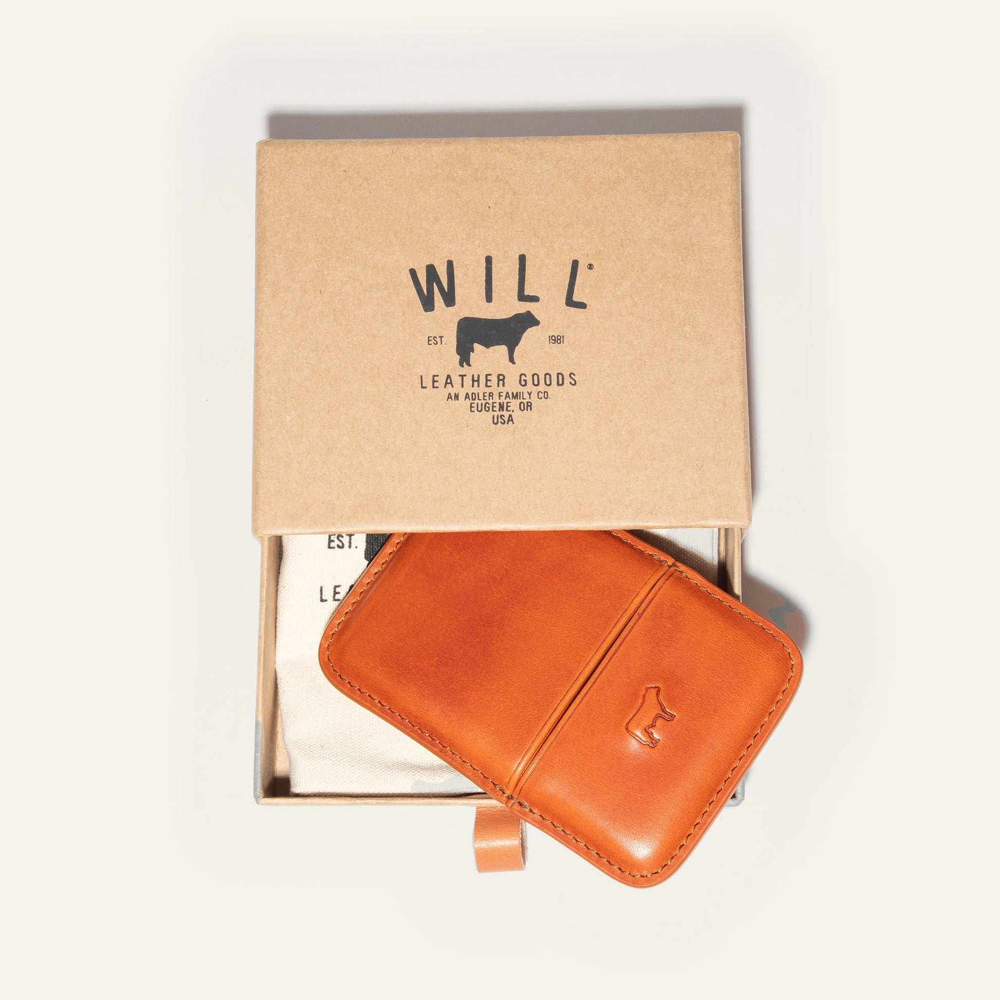 Molded Card Case by Will Leather Goods in tan leather with stitching on packaging box on Tampa Home & Garden Store