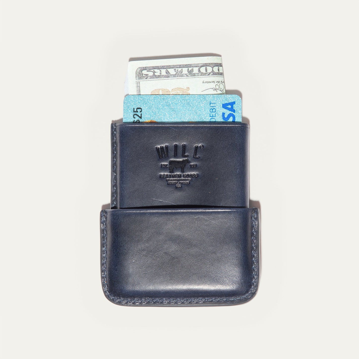 Molded Card Case navy leather by Will Leather Goods with a blue card peeking out on Tampa Home & Garden Store