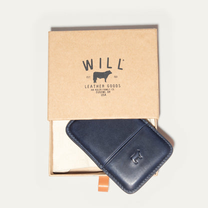 Molded Card Cases navy and dark leather by Will Leather Goods on kraft box on Tampa Home & Garden Store