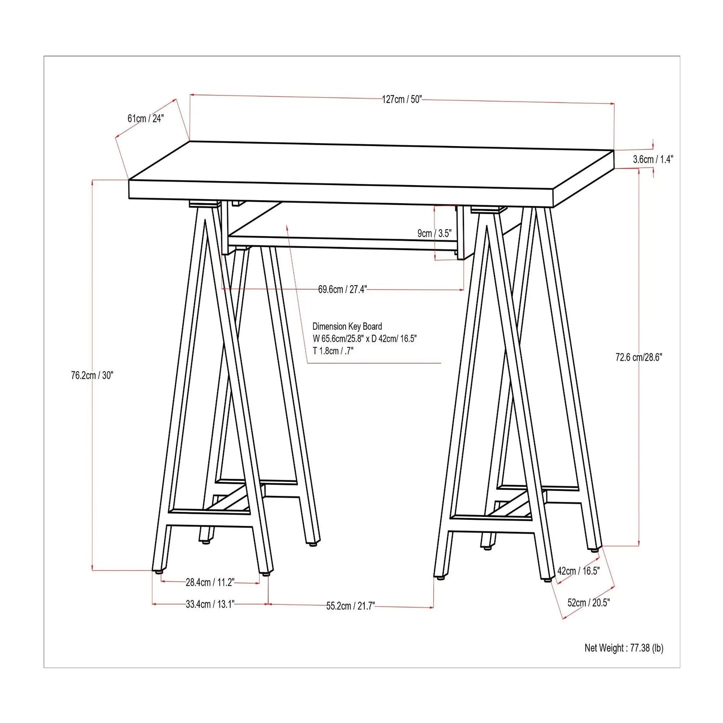 Sawhorse handcrafted solid desk technical sketch with dimensions, writing desk on Tampa Home & Garden Store