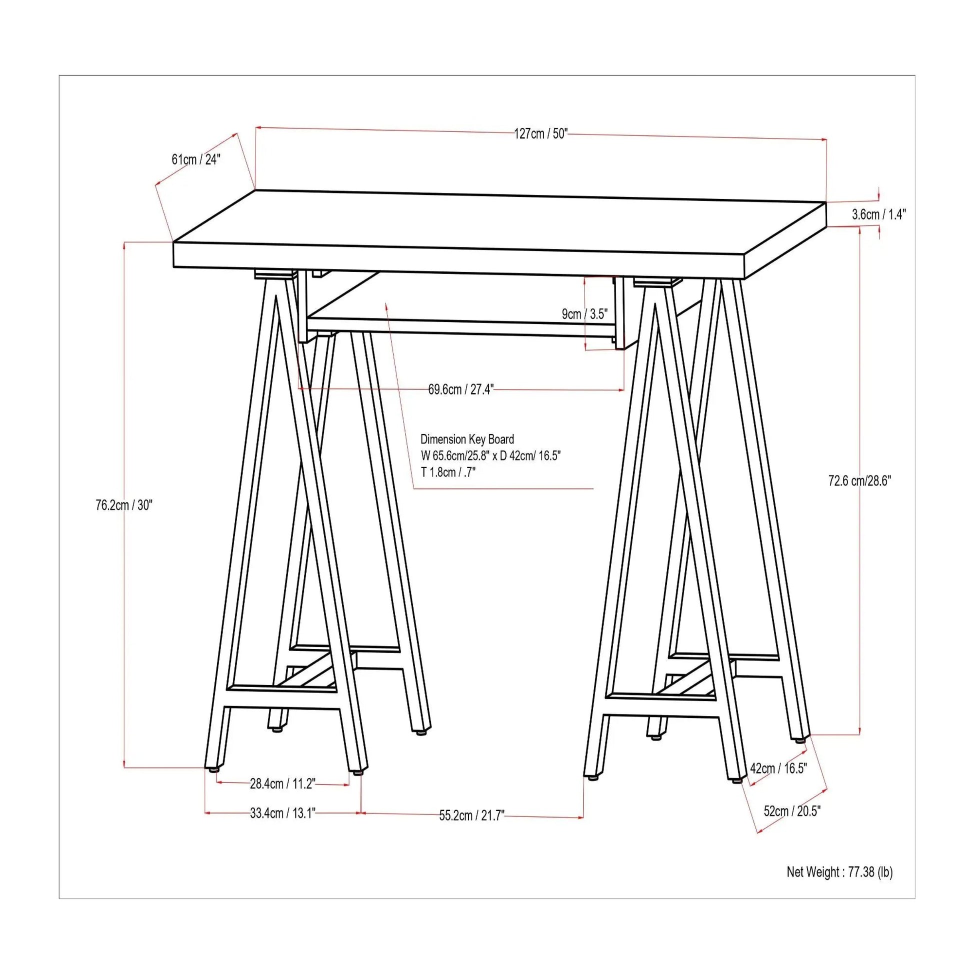 Sawhorse handcrafted solid desk technical sketch with dimensions, writing desk on Tampa Home & Garden Store