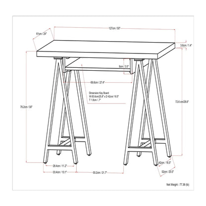 Sawhorse handcrafted solid desk technical sketch with dimensions, writing desk on Tampa Home & Garden Store