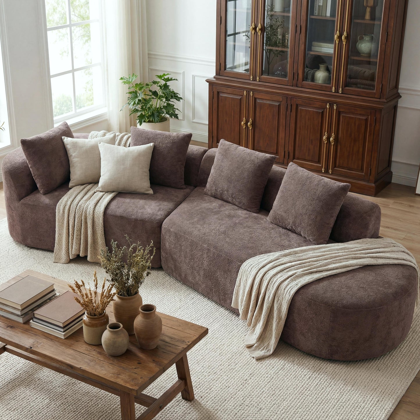 116-inch Modern Curved Sectional Sofa by HouseOfZazla brown fabric with dense cushions on Tampa Home & Garden Store