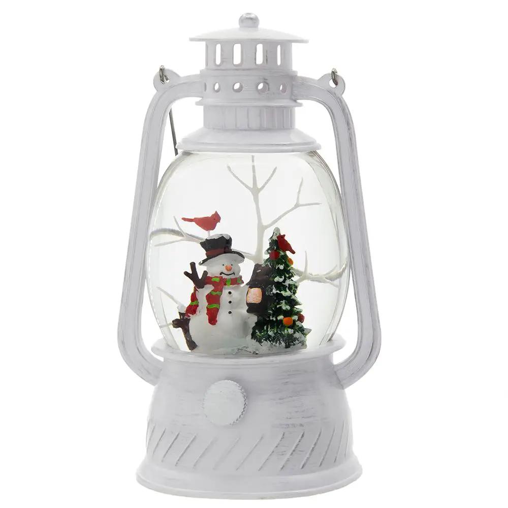 Christmas lantern white resin with snowman & tree; LED water spinning, 6h timer, 3xAA batteries on Tampa Home & Garden Store