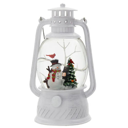 Christmas lantern white resin with snowman & tree; LED water spinning, 6h timer, 3xAA batteries on Tampa Home & Garden Store