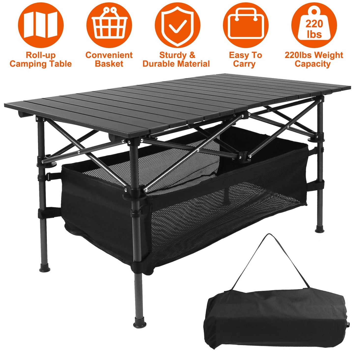 Folding camping table GemGear black aluminum frame with carry bag and mesh storage shelf on Tampa Home & Garden Store