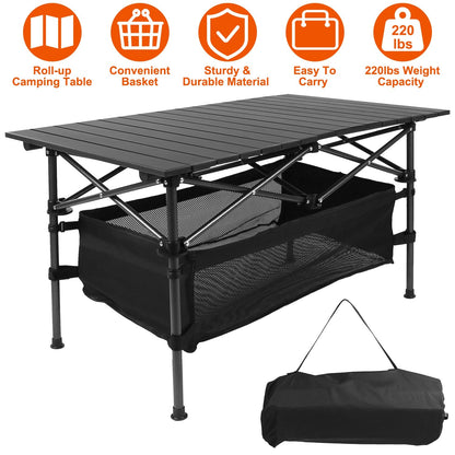 Folding camping table GemGear black aluminum frame with carry bag and mesh storage shelf on Tampa Home & Garden Store