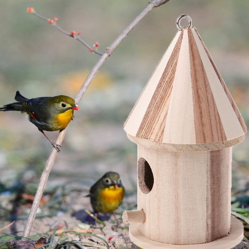 Wooden outdoor bird nest birdhouse with striped roof and natural finish by Sell My Stuff on Tampa Home & Garden Store