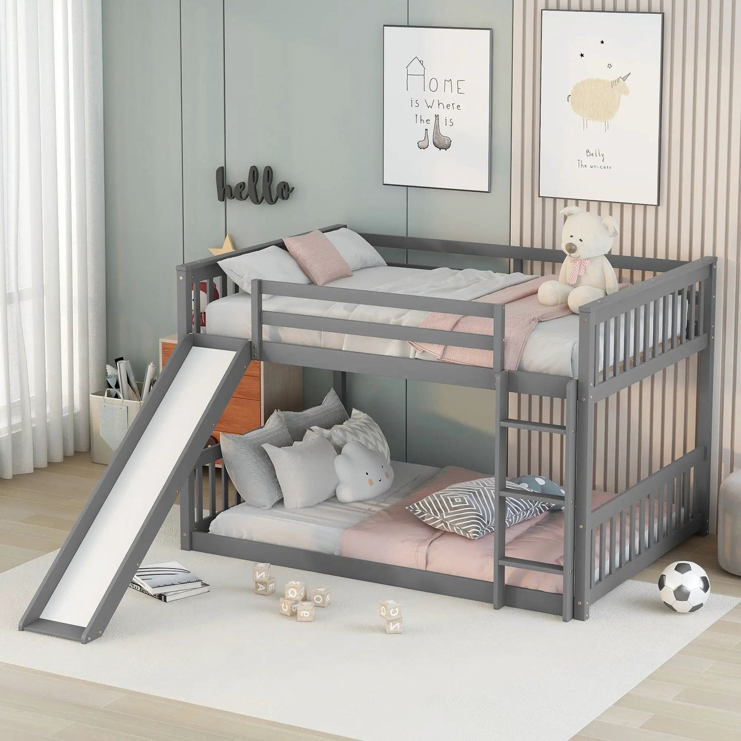 Bunk bed with slide and ladder in a gray metal frame by Unique Piece Furniture for kids room on Tampa Home & Garden Store