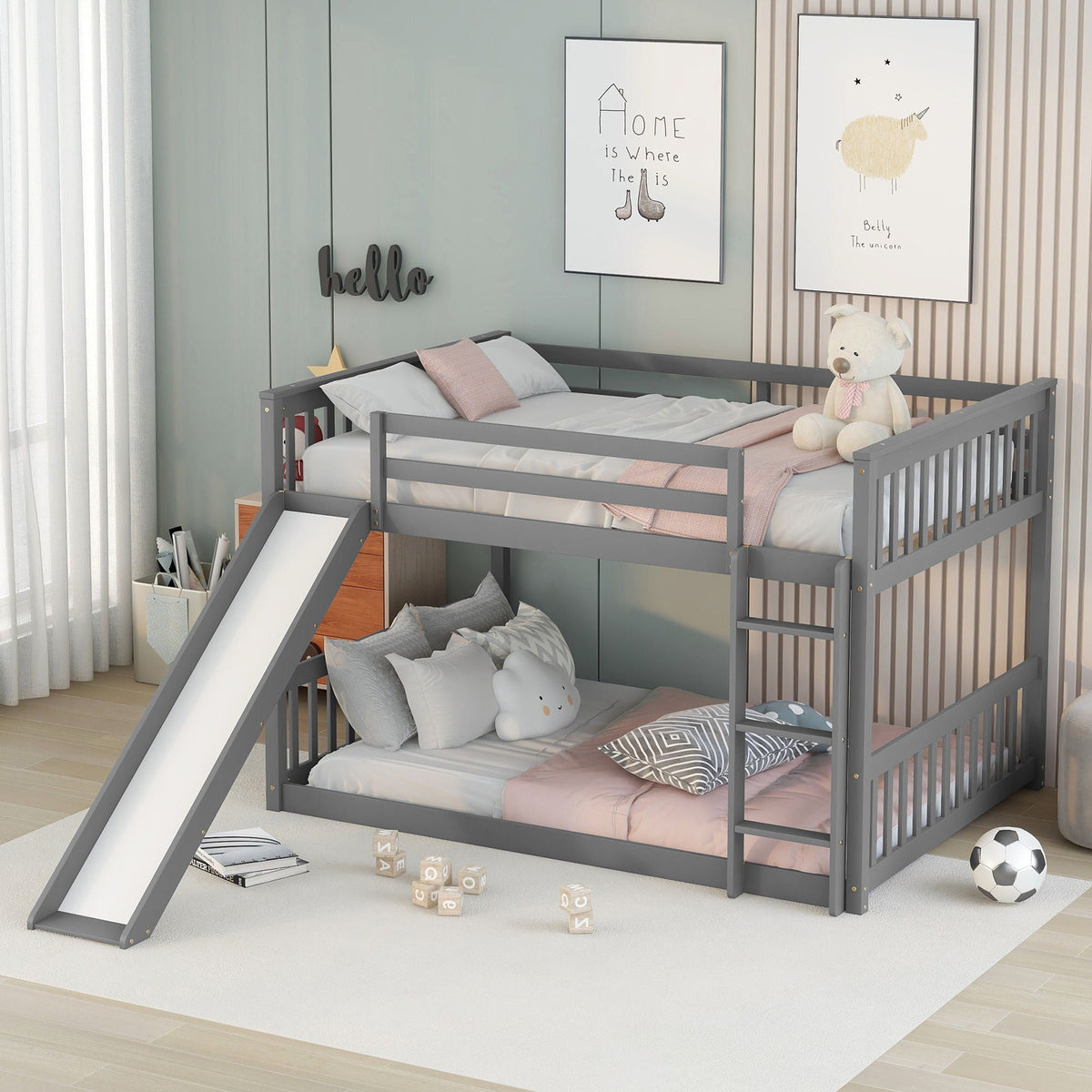 Bunk Bed With Slide And Ladder by HouseOfZazla in gray metal frame with ladder and slide on Tampa Home & Garden Store