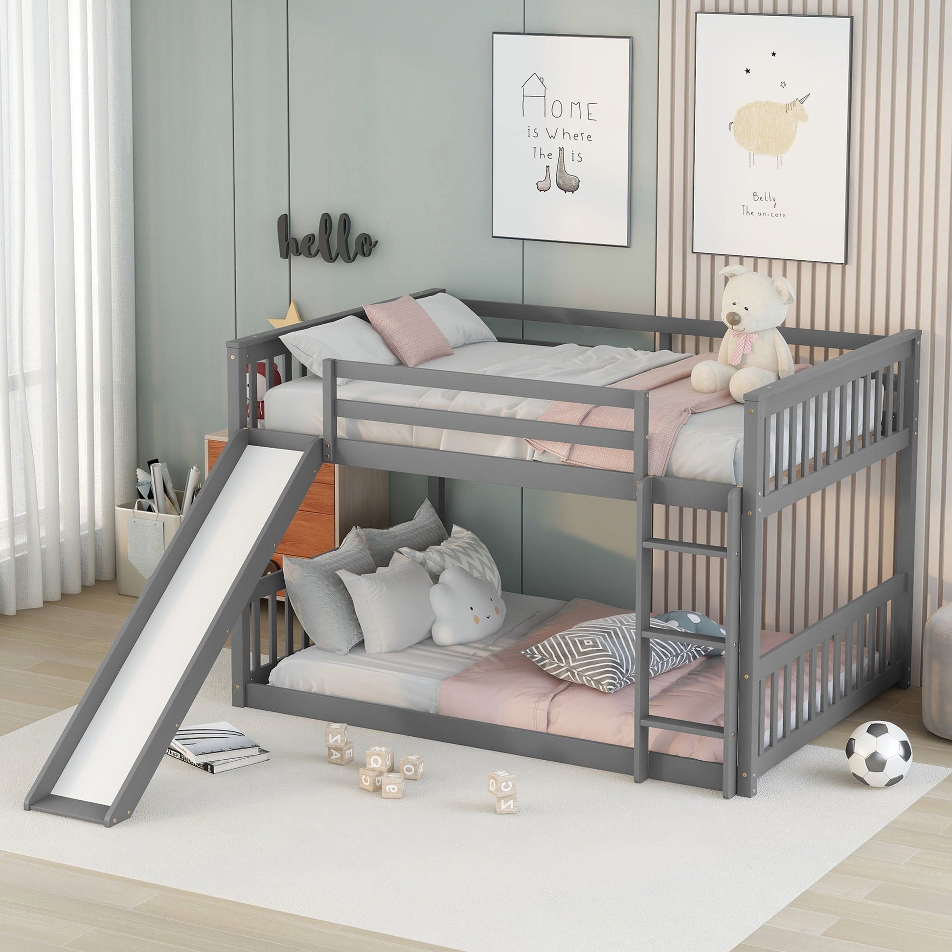 Bunk Bed With Slide And Ladder by HouseOfZazla in gray metal frame with ladder and slide on Tampa Home & Garden Store