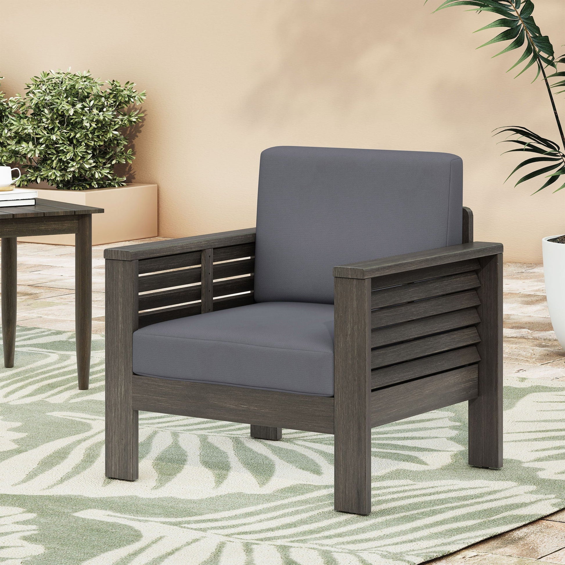Slat Design Club Chair with Cushions, dark gray cushions, wooden frame HouseOfZazla on Tampa Home & Garden Store
