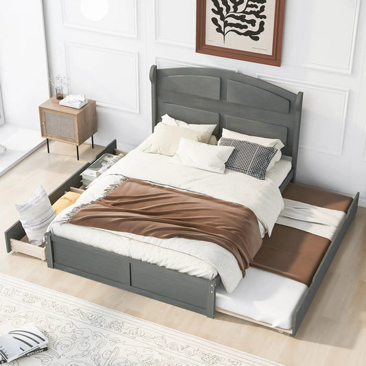 Wood Queen Platform Bed With Twin Trundle Drawers in gray wood finish with paneled headboard on Tampa Home & Garden Store