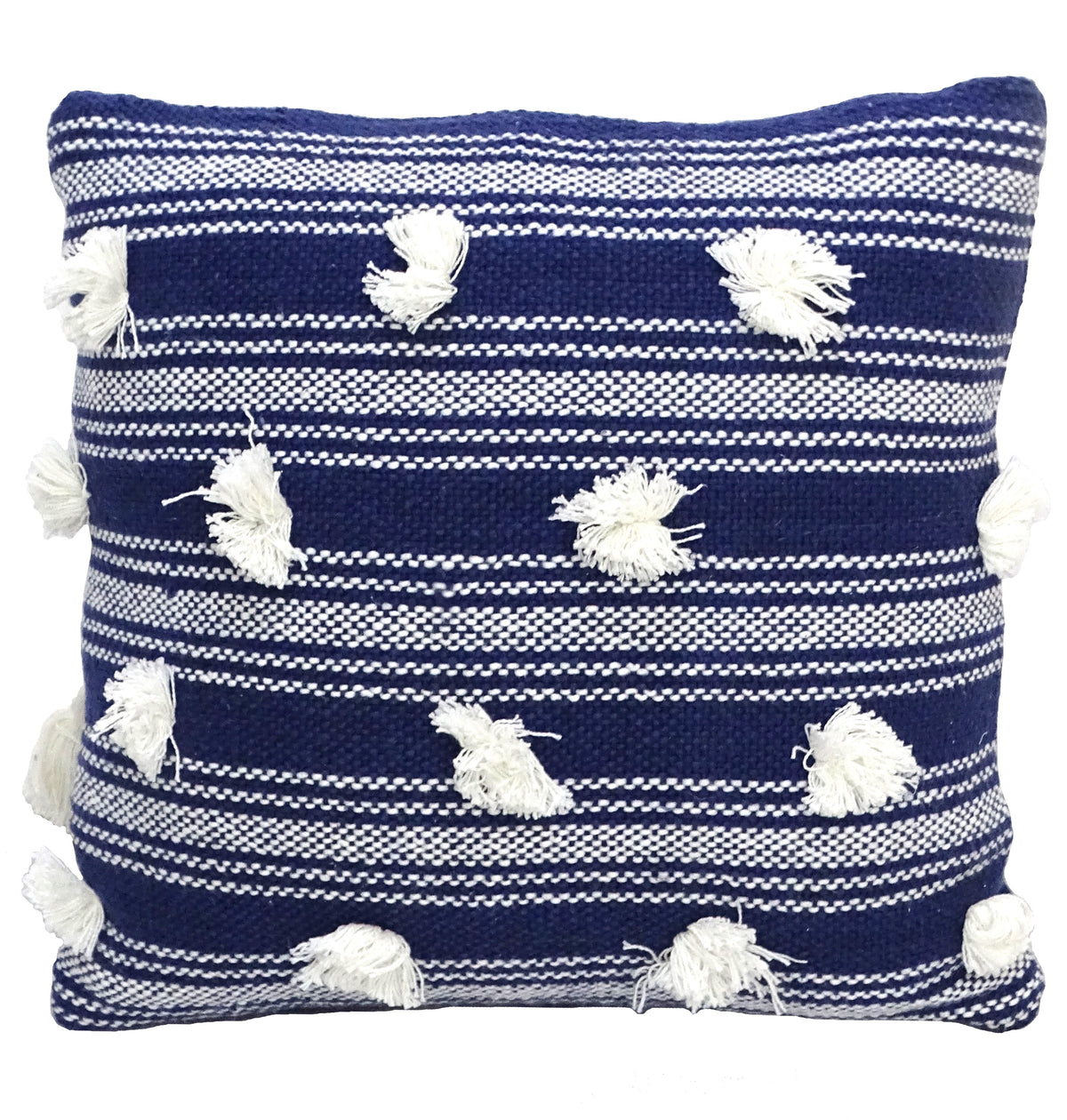 Throw pillow navy blue woven with white pom pom tassels, 20x20, Vibhsa on Tampa Home & Garden Store