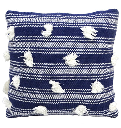 Throw pillow navy blue woven with white pom pom tassels, 20x20, Vibhsa on Tampa Home & Garden Store