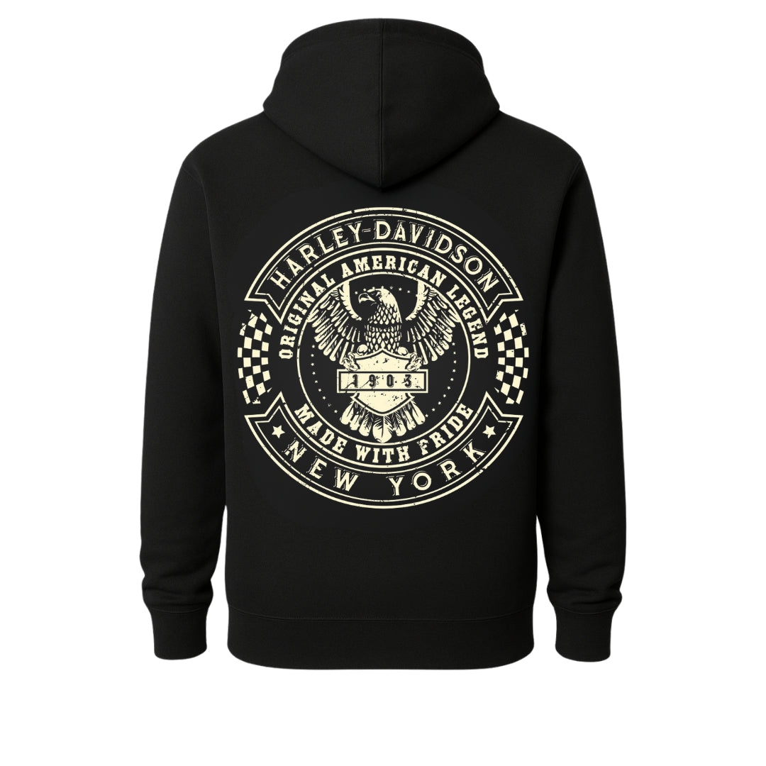 Motorcycle Rider Hoodie by BikerZoneZ in black with Harley-Davidson eagle emblem on Tampa Home & Garden Store