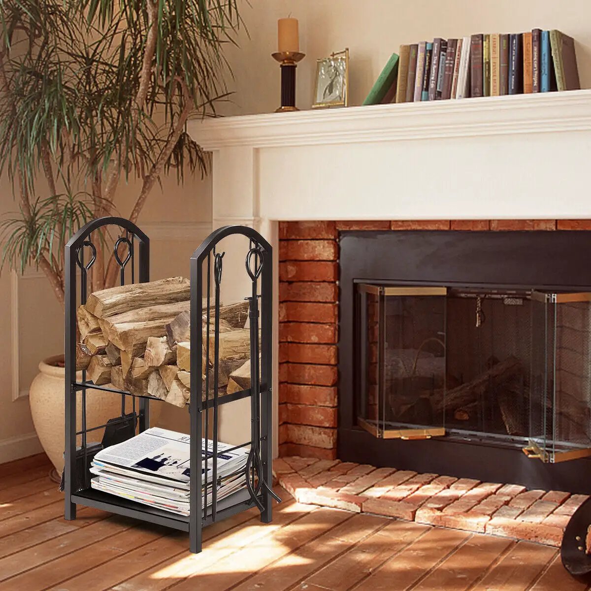 Fireplace Log Rack With Tools Set For Fireside