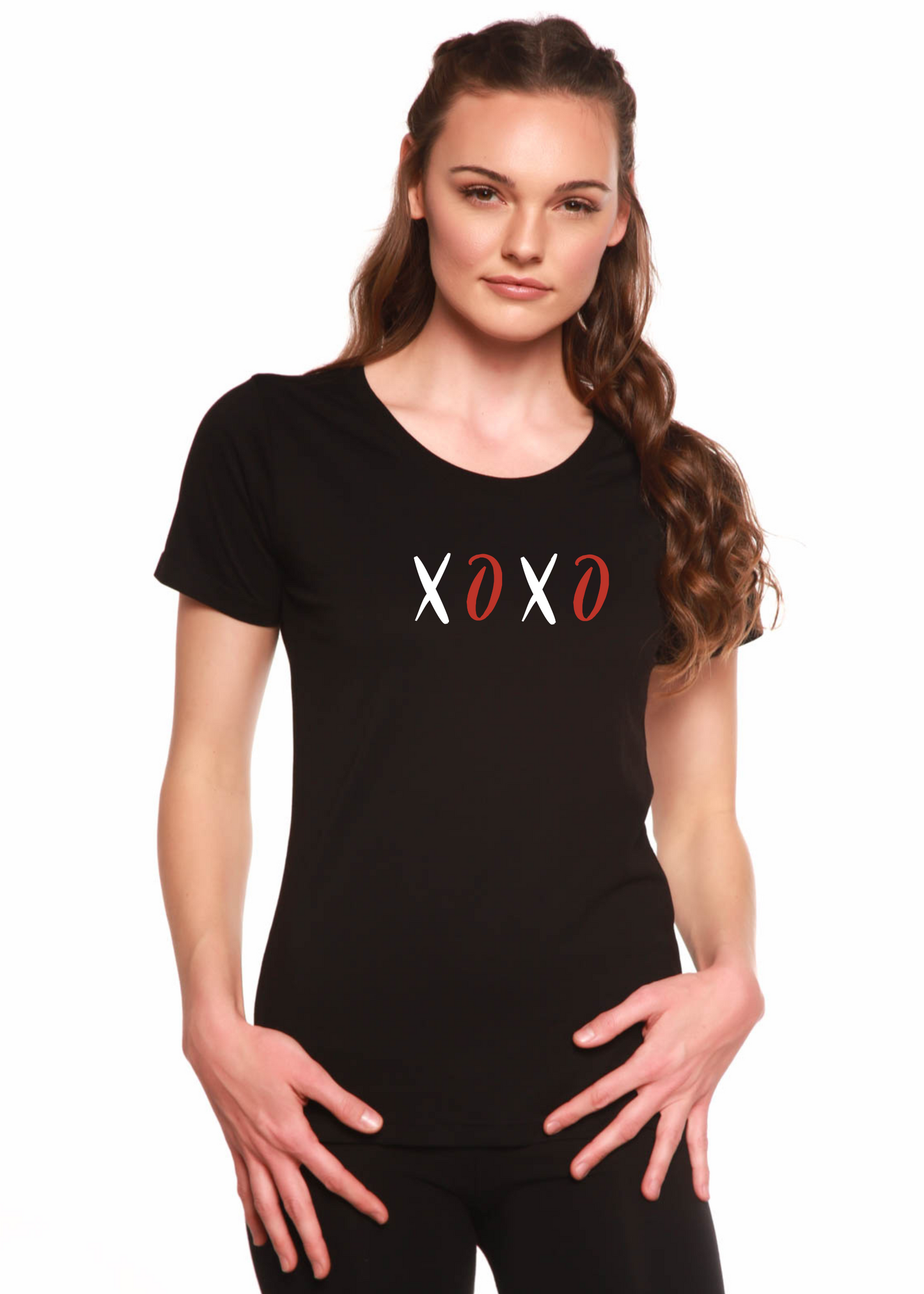 XOXO women's bamboo sleeve scoop neck graphic t-shirt in black with white/red XOXO print on Tampa Home & Garden Store