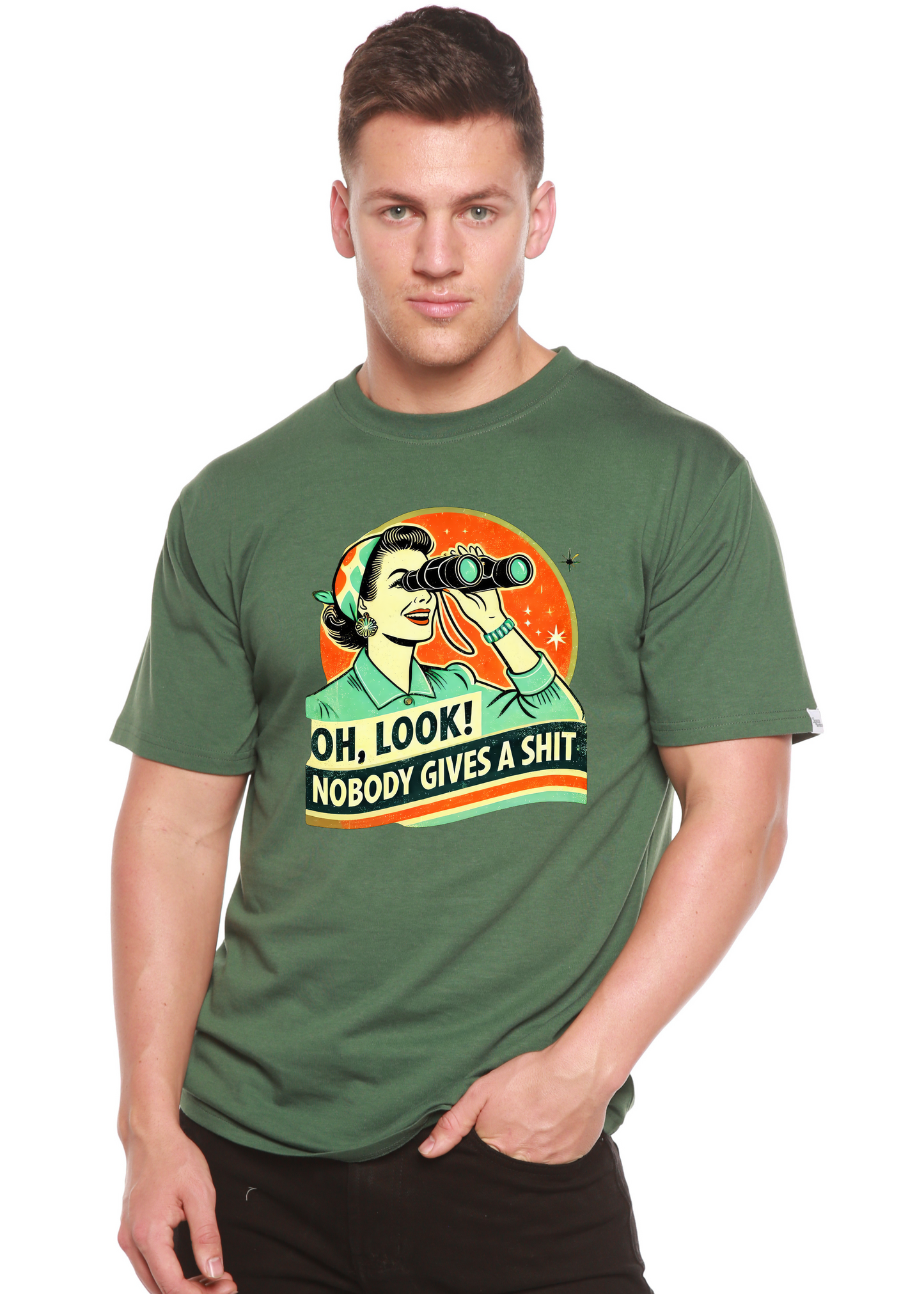 Unisex bamboo/cotton graphic T-shirt in green with retro woman design by Spun Bamboo on Tampa Home & Garden Store
