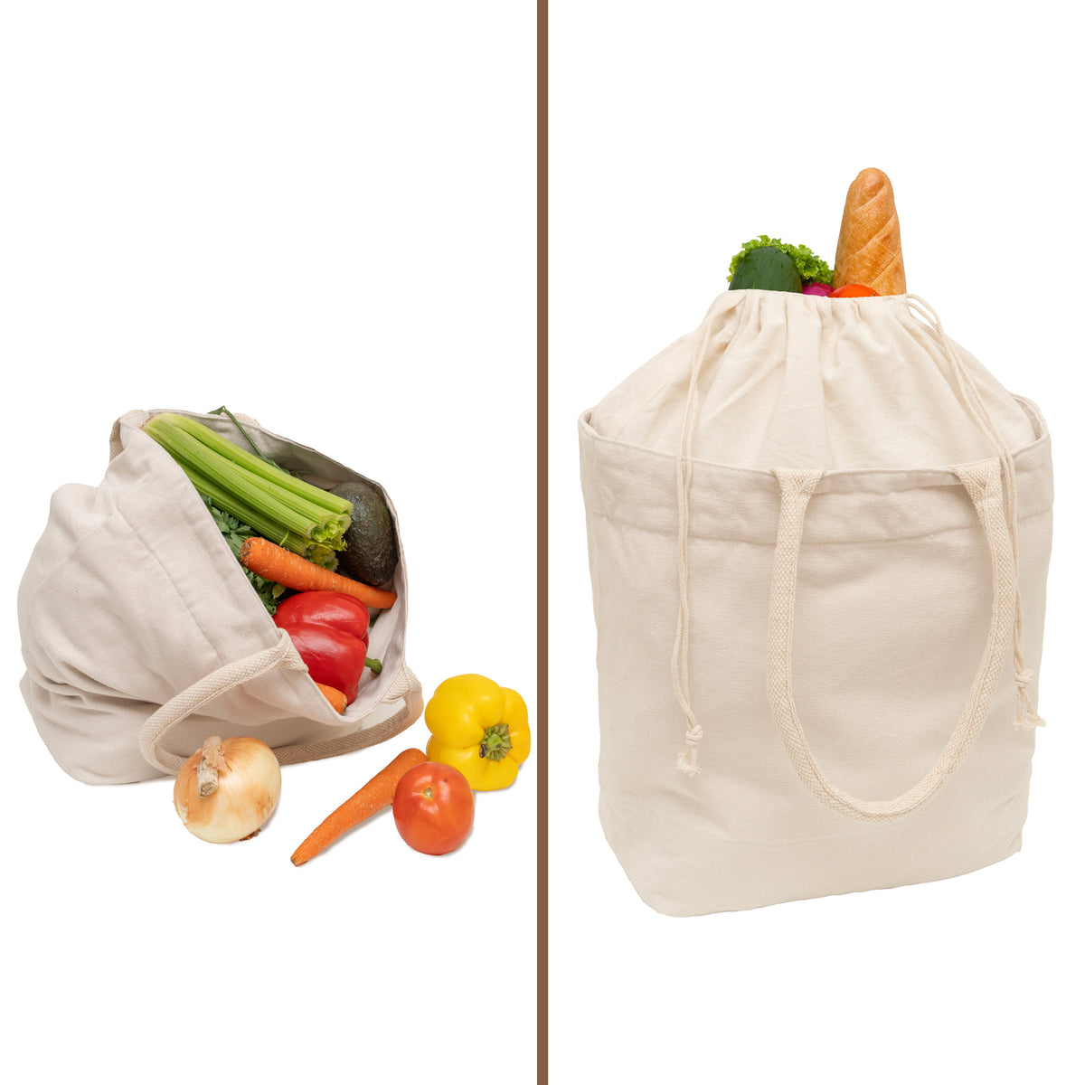 Canvas Grocery Tote with Drawstring by Organic Cotton Mart, tote filled with vegetables on Tampa Home & Garden Store