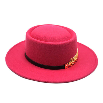 Stevvex pink felt vintage fedora with short brim, black ribbon and gold leaf clasp on Tampa Home & Garden Store