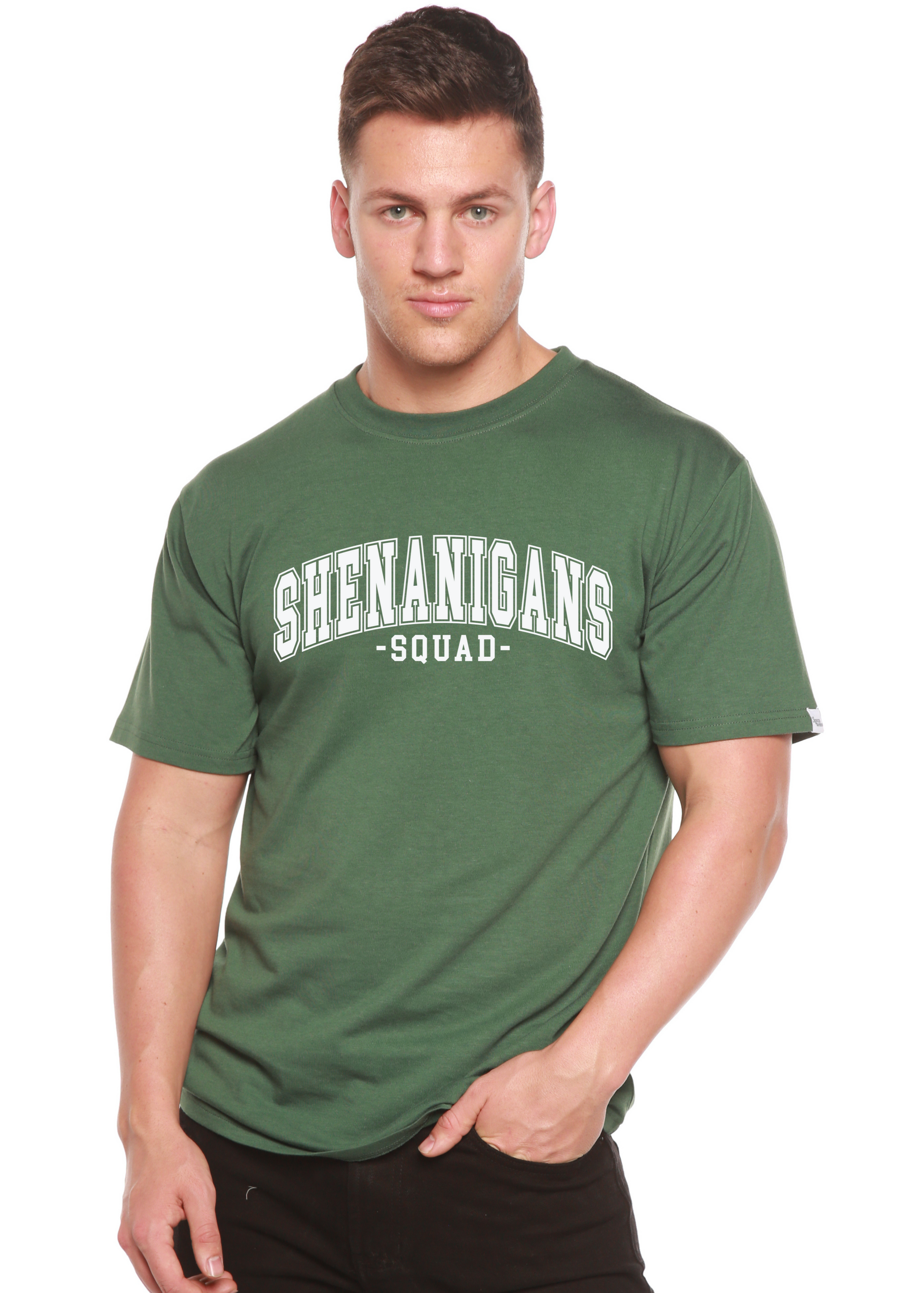Shenanigans Squad unisex bamboo/cotton T-shirt green with white print Spun Bamboo mens shirt on Tampa Home & Garden Store