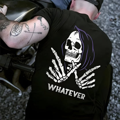 BikerZoneZ graphic cotton biker T-shirt featuring a white hooded skeleton and WHATEVER on Tampa Home & Garden Store