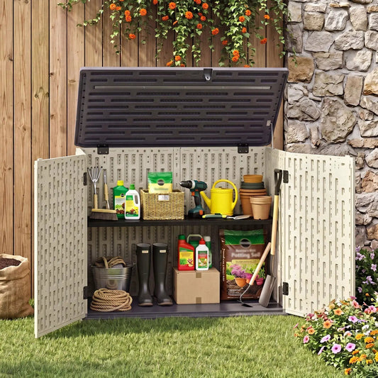 DirectDeals 20 cu ft horizontal resin storage shed with adjustable shelf beige, open with tools on Tampa Home & Garden Store