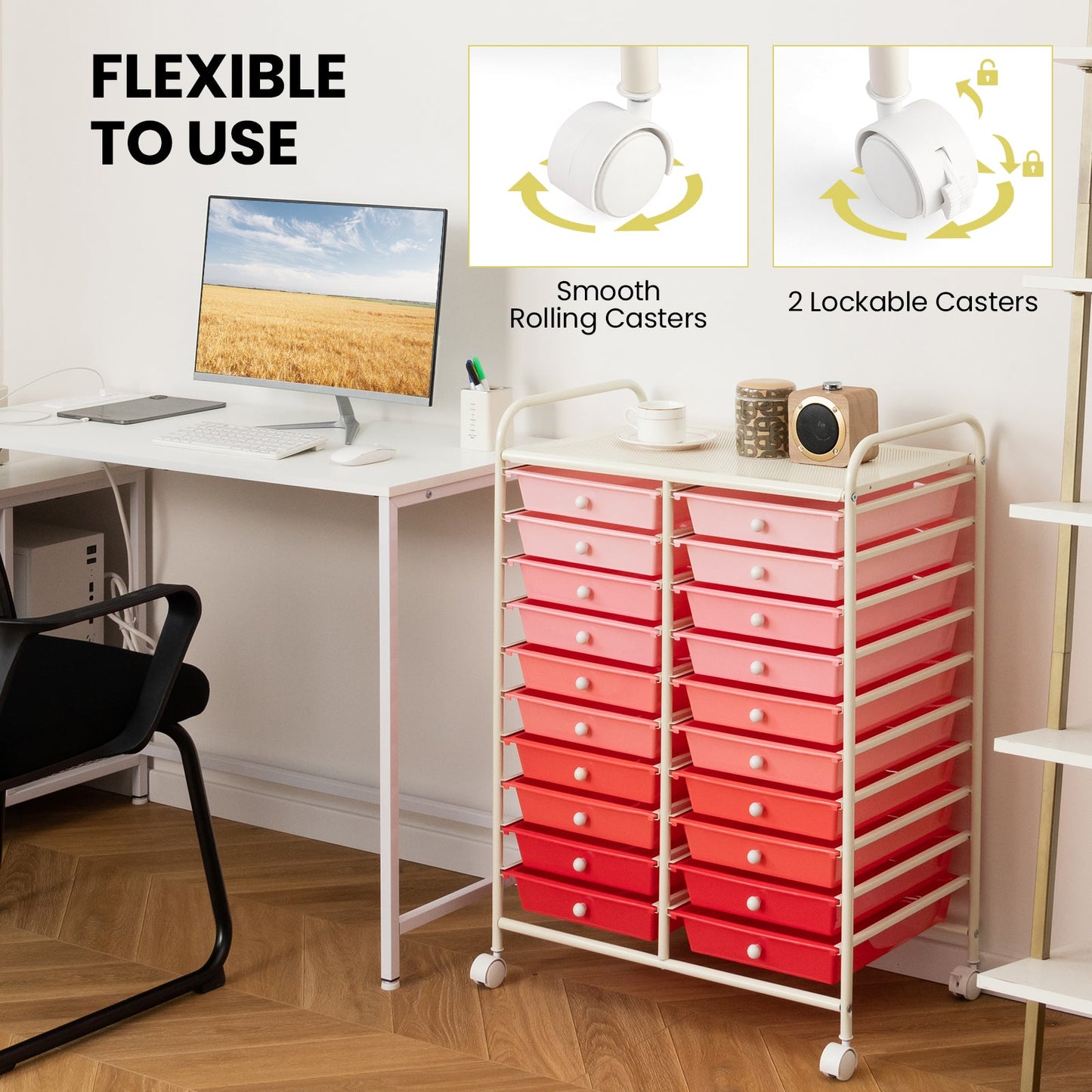 20 Drawers Rolling Storage Cart Studio Organizer-Gradient Pink