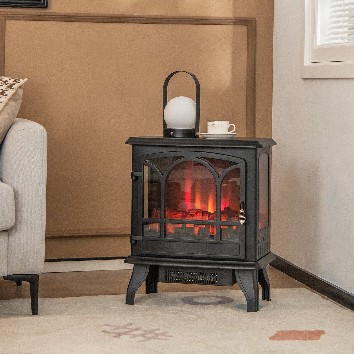 Calefactor eléctrico tipo estufa de 1400 W con efecto llama de 3 niveles y vista de 3 lados - Negro