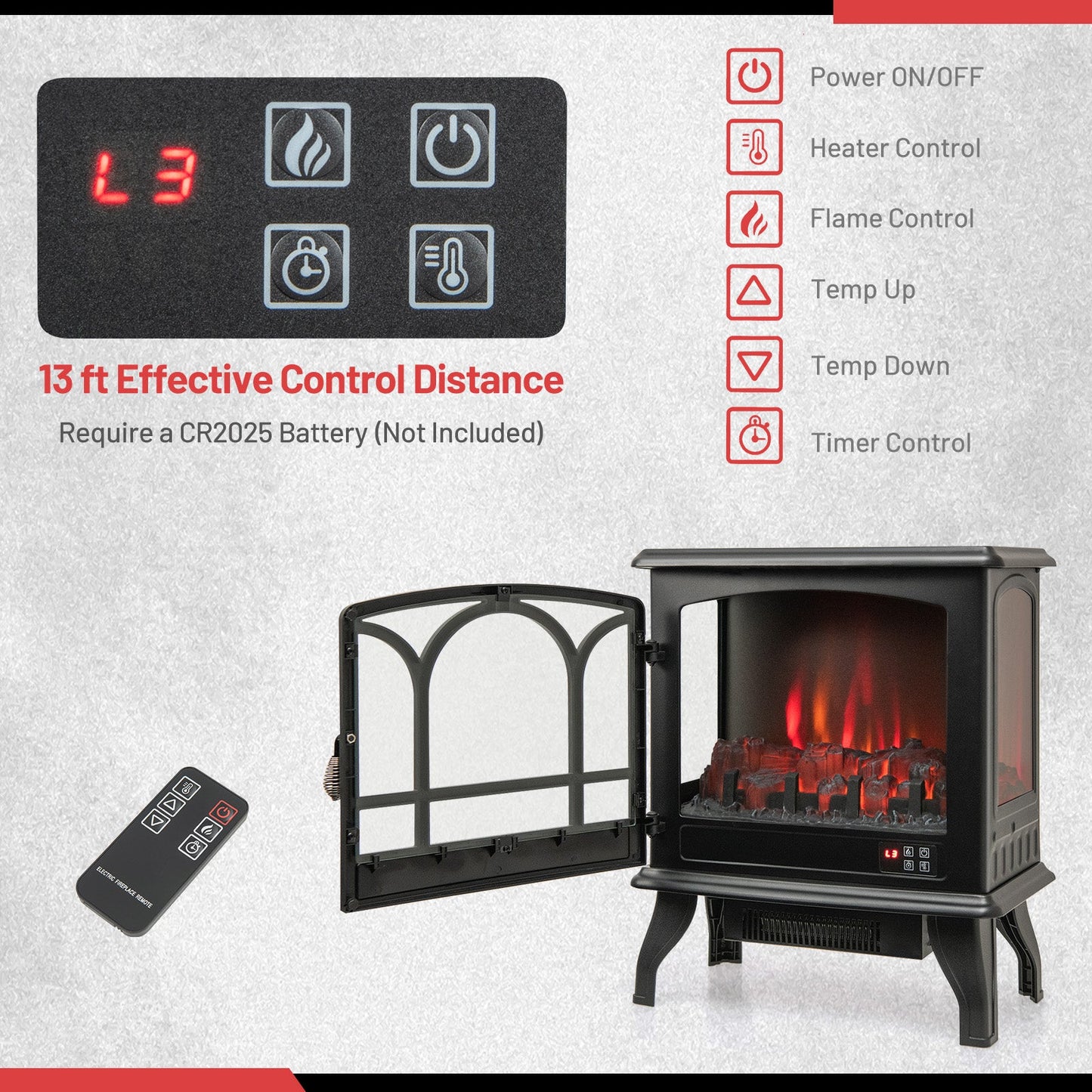 Calefactor eléctrico tipo estufa de 1400 W con efecto llama de 3 niveles y vista de 3 lados - Negro