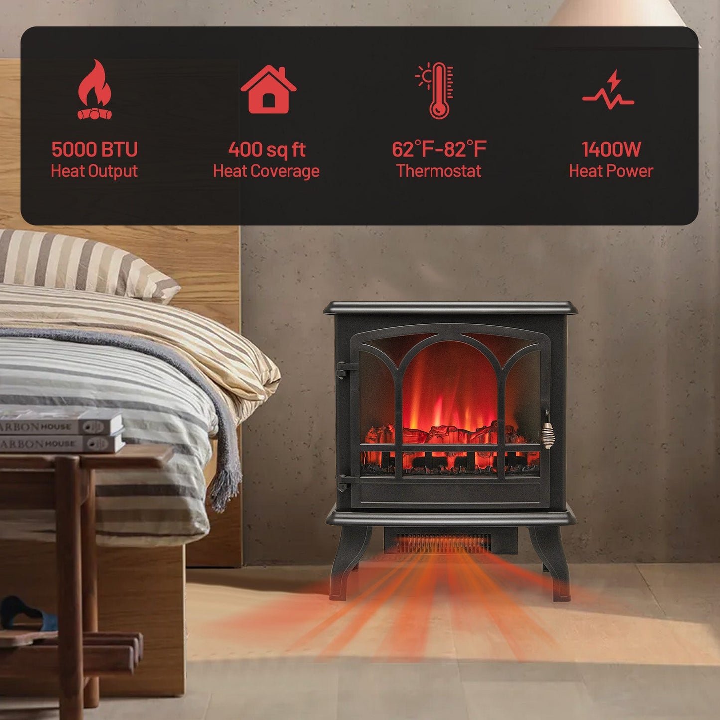 Calefactor eléctrico tipo estufa de 1400 W con efecto llama de 3 niveles y vista de 3 lados - Negro