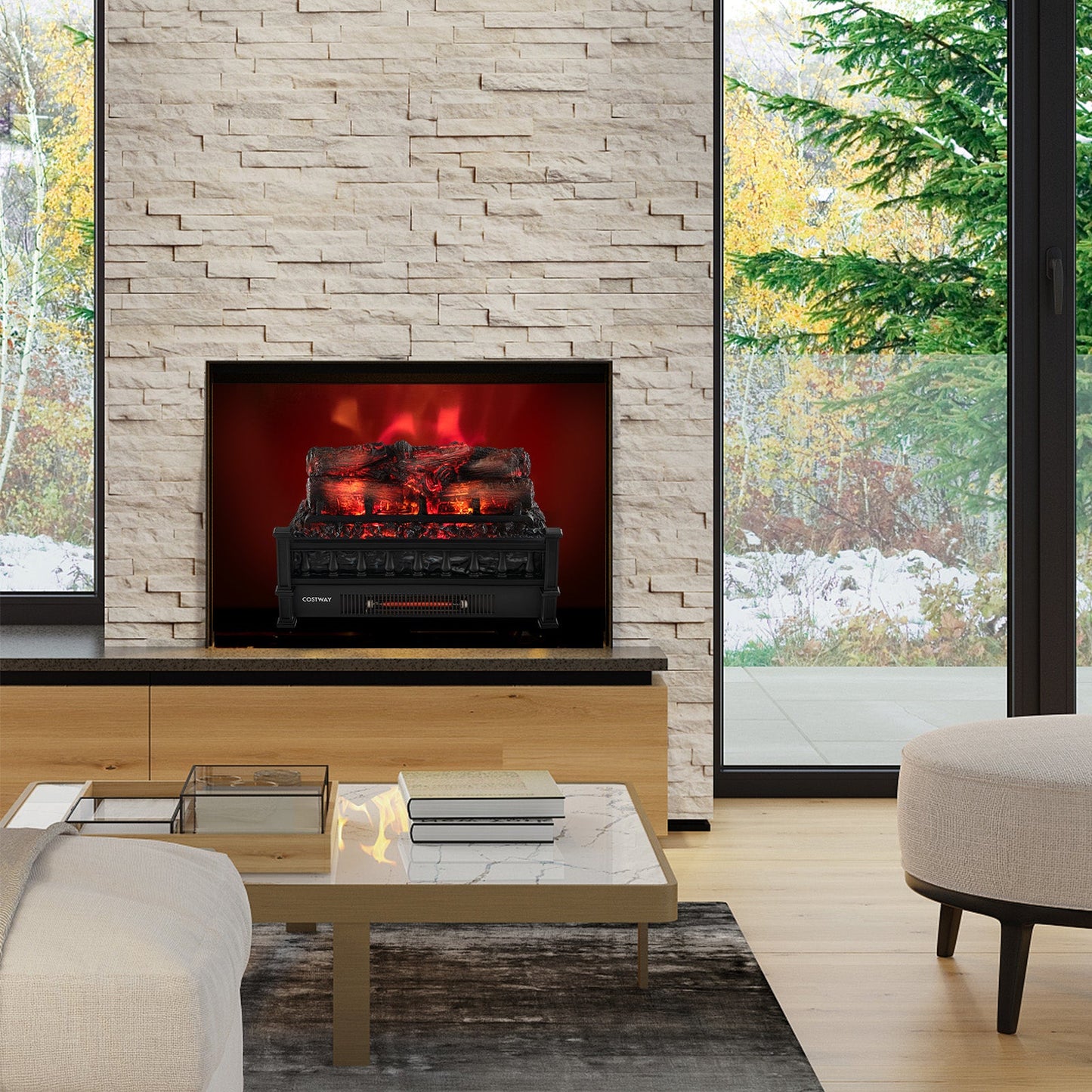 DirectDeals 20 Inch Electric Fireplace Heater with Pinewood Ember Bed in black in a living room on Tampa Home & Garden Store