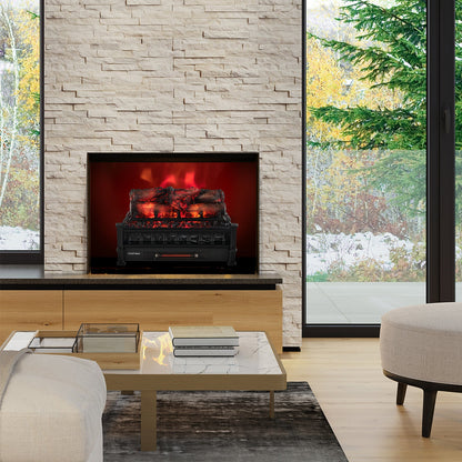 DirectDeals 20 Inch Electric Fireplace Heater with Pinewood Ember Bed in black in a living room on Tampa Home & Garden Store
