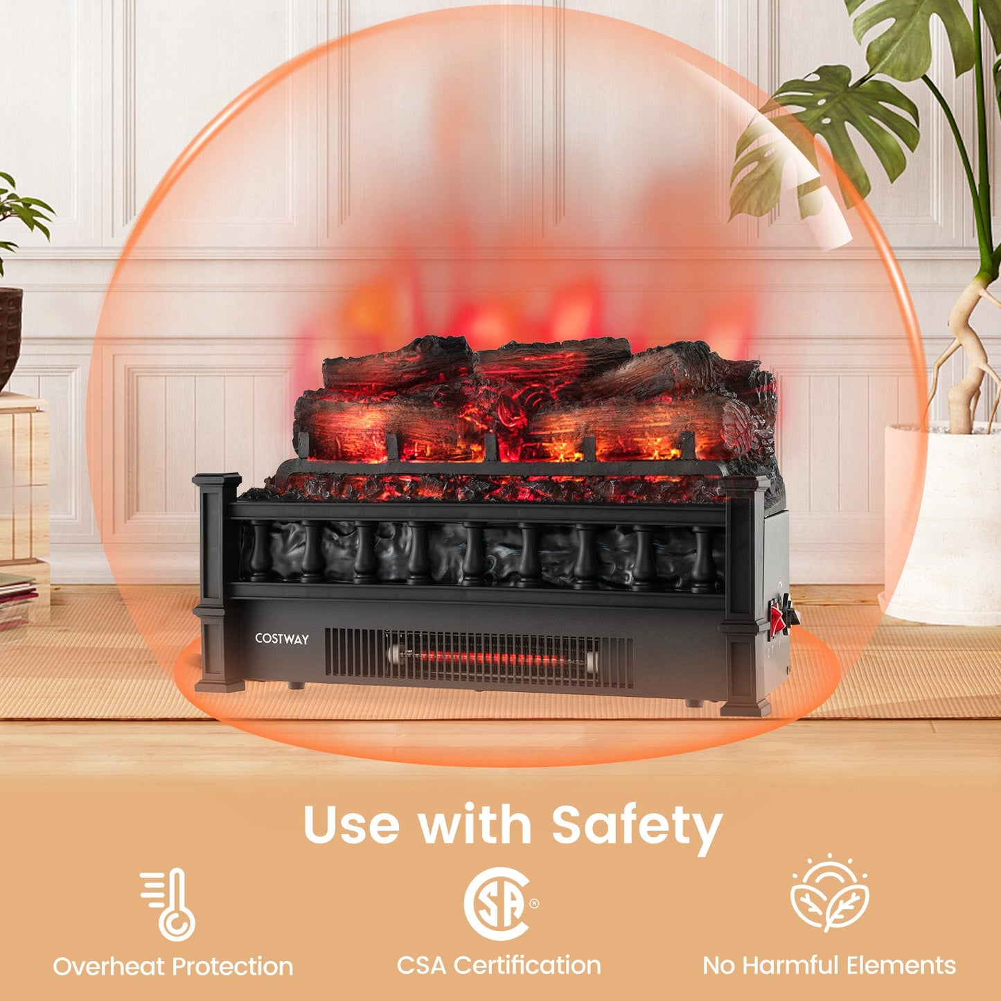 20-inch black electric fireplace heater with realistic pinewood ember bed, Costway unit on Tampa Home & Garden Store