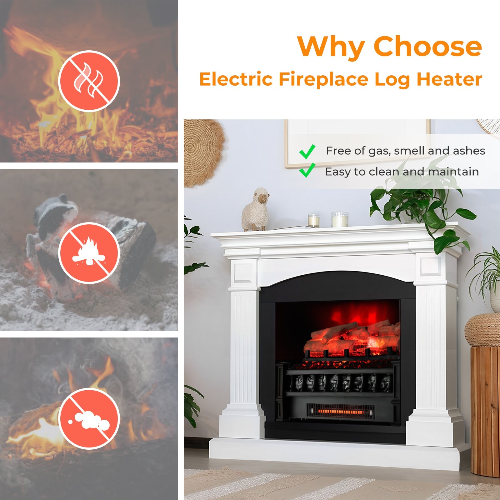 20 Inch Electric Fireplace Heater with Birchwood Ember Bed in Black for indoor fireplaces on Tampa Home & Garden Store