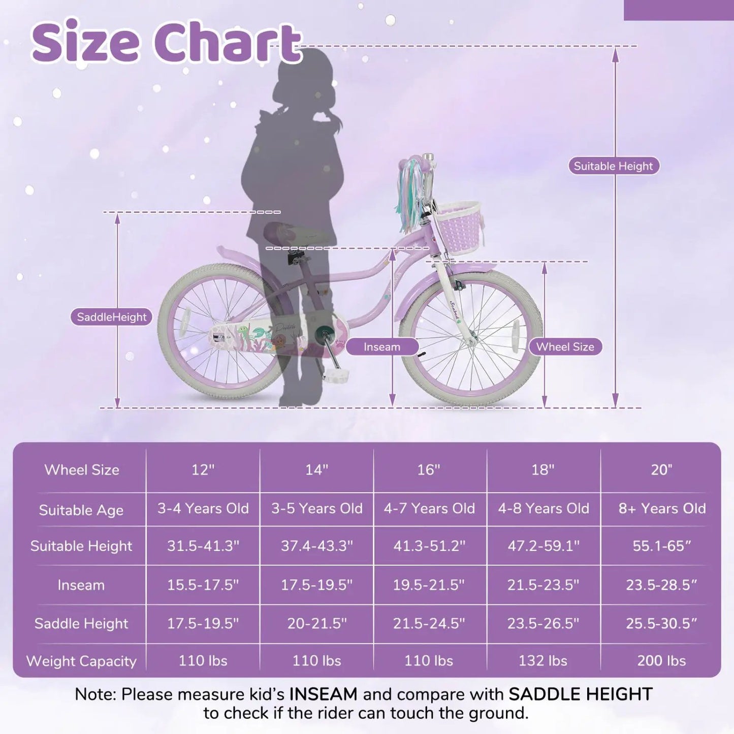 Kids Bike 12-20 Inch With Training Wheels Purple