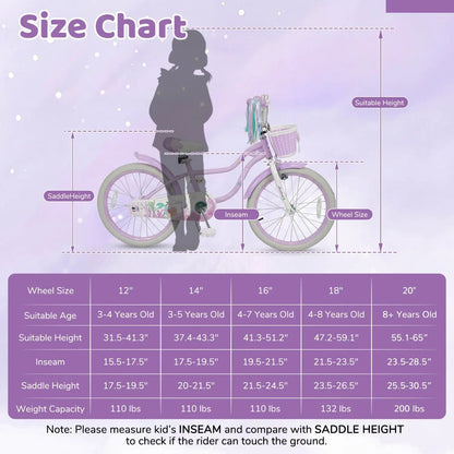 Kids Bike 12-20 Inch With Training Wheels Purple