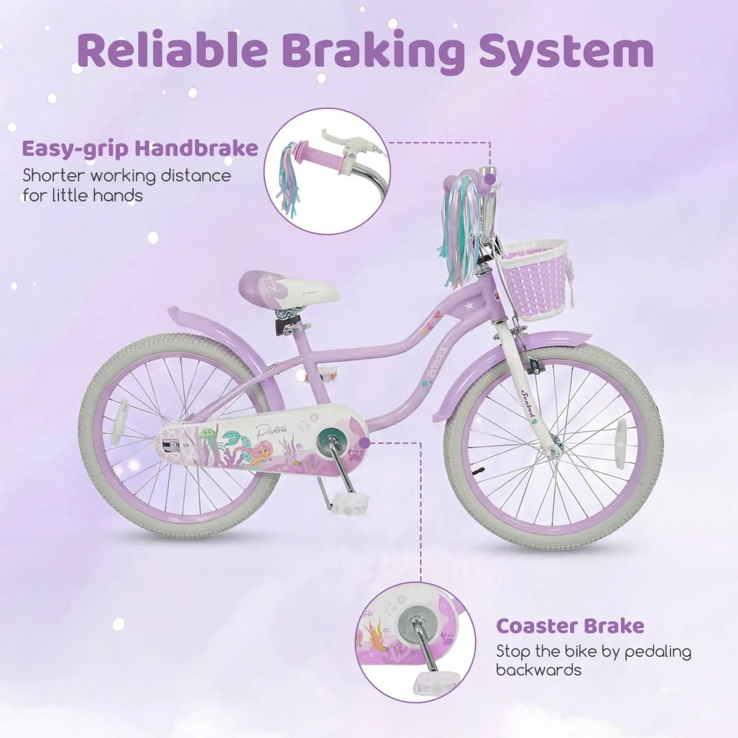 Kids Bike 12-20 Inch With Training Wheels Purple