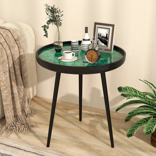 Sea Shell End Table with Tray Top DirectDeals, round black legs, green tray on Tampa Home & Garden Store